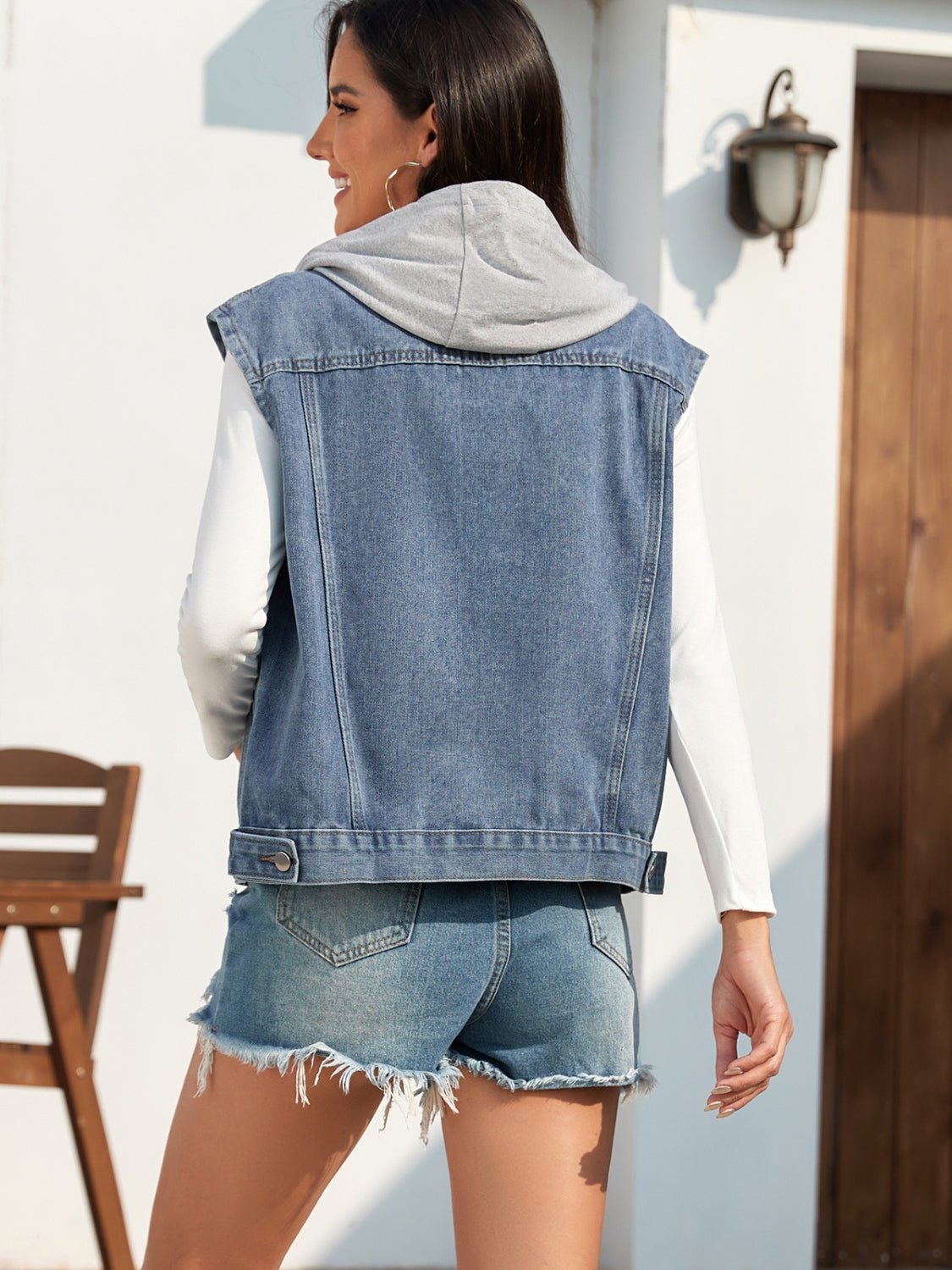 Pocketed Button Up Hooded Denim Top