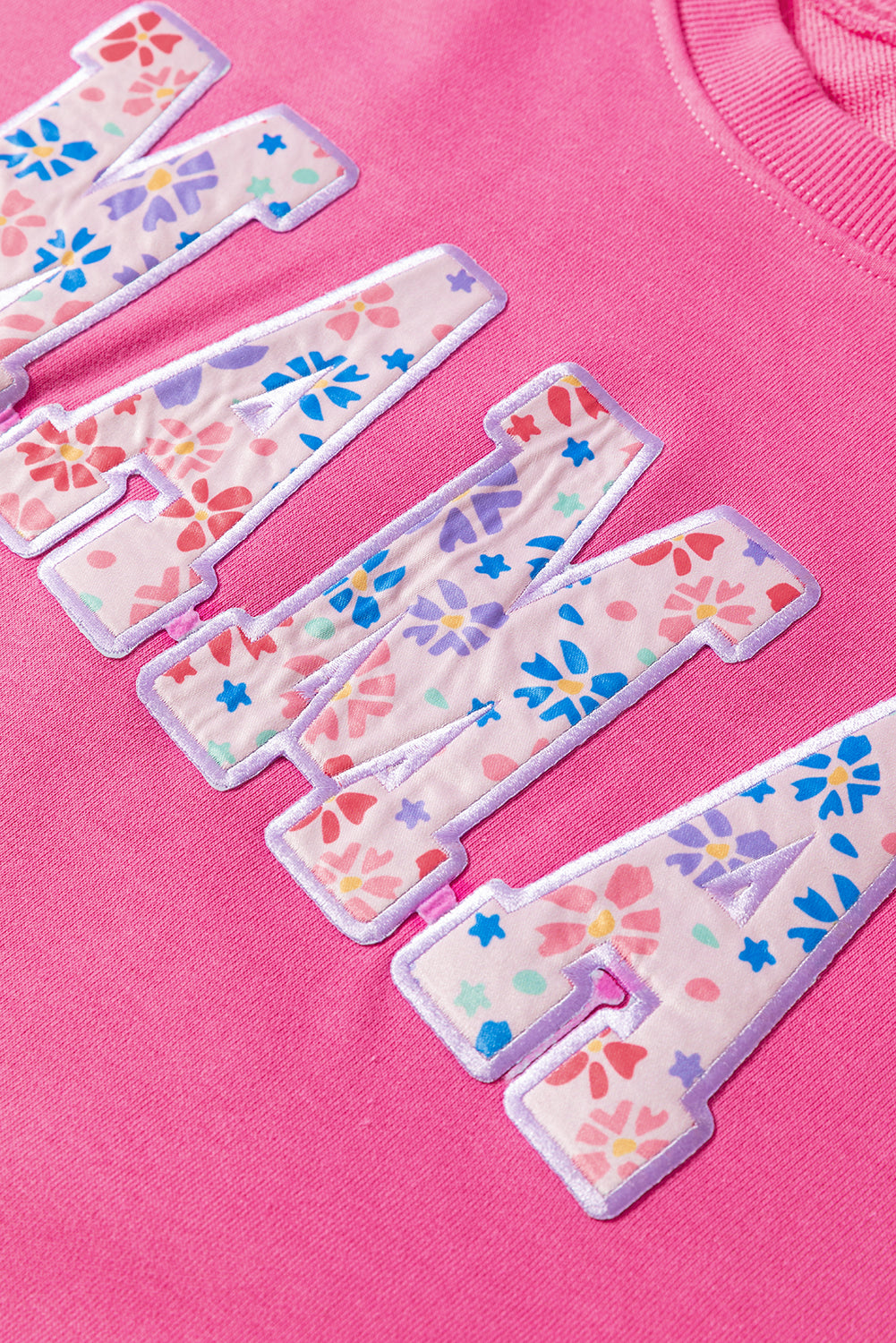 Rose Pink Floral MAMA Embroidered Graphic Pullover Sweatshirt