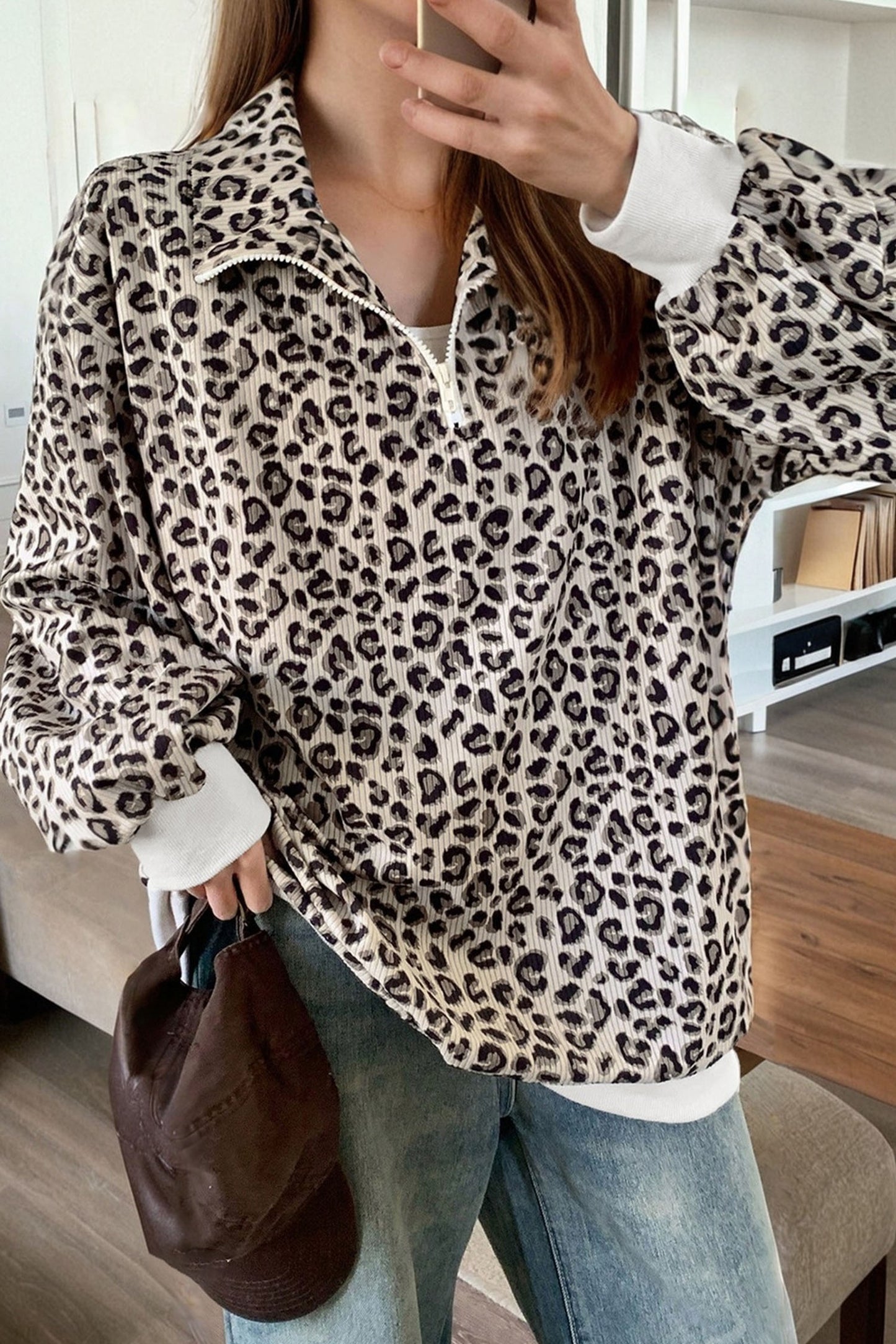 Leopard Print Quarter Zip Corduroy Sweatshirt