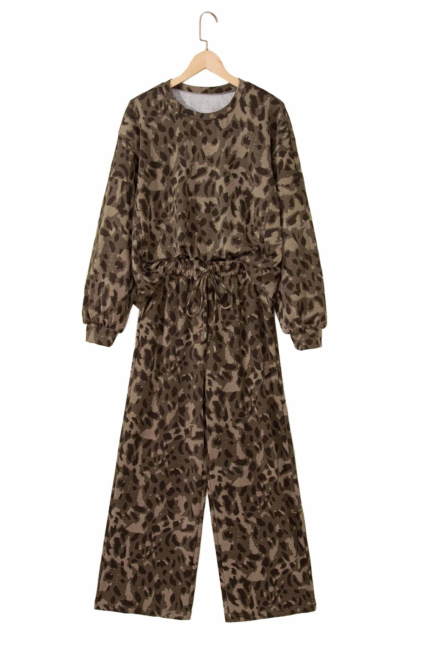 Leopard Print Pullover Drawstring Loose Pant Set