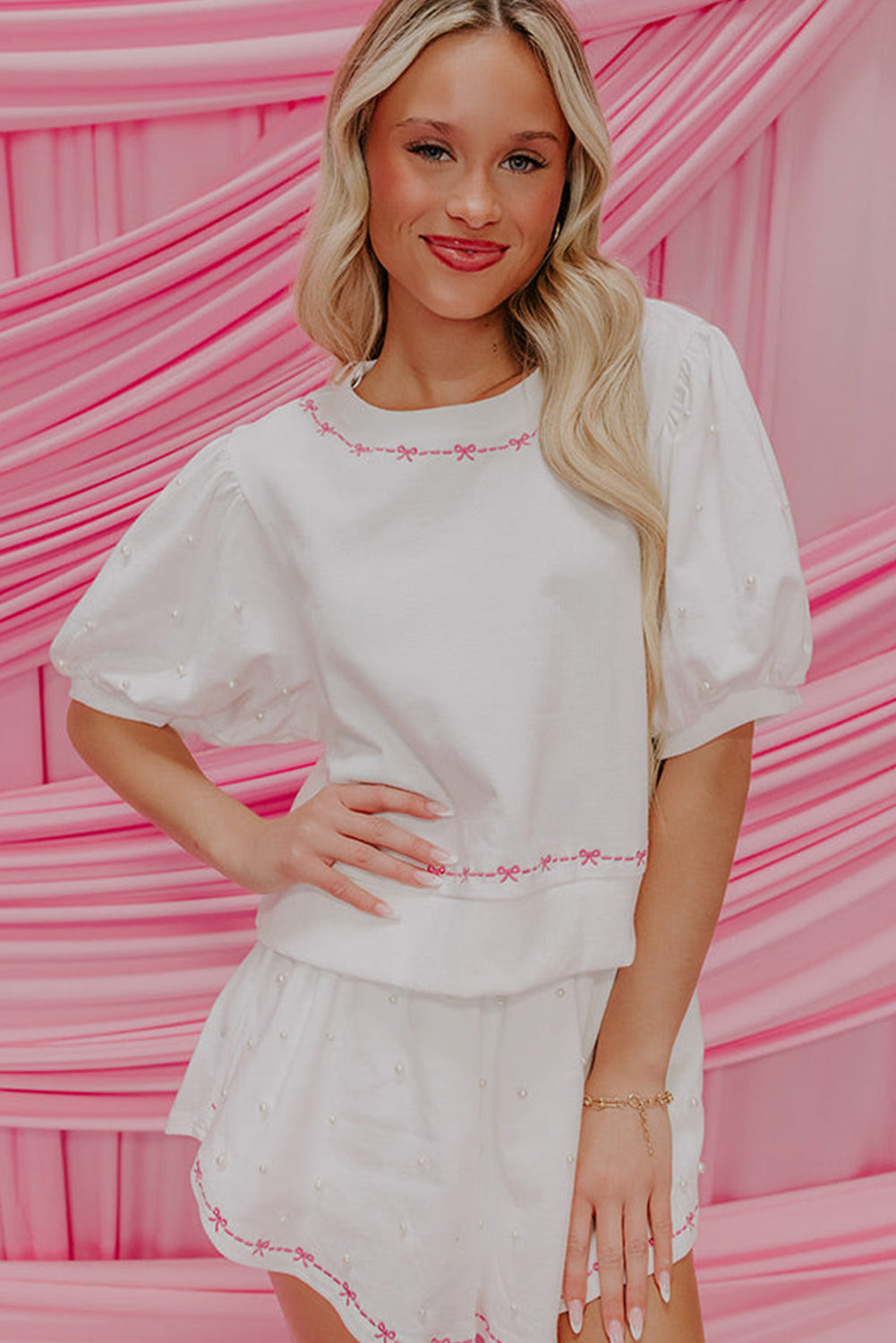 Pink Contrast Bow Trim Pearl Puff Sleeve Blouse and Skort 2pcs Set