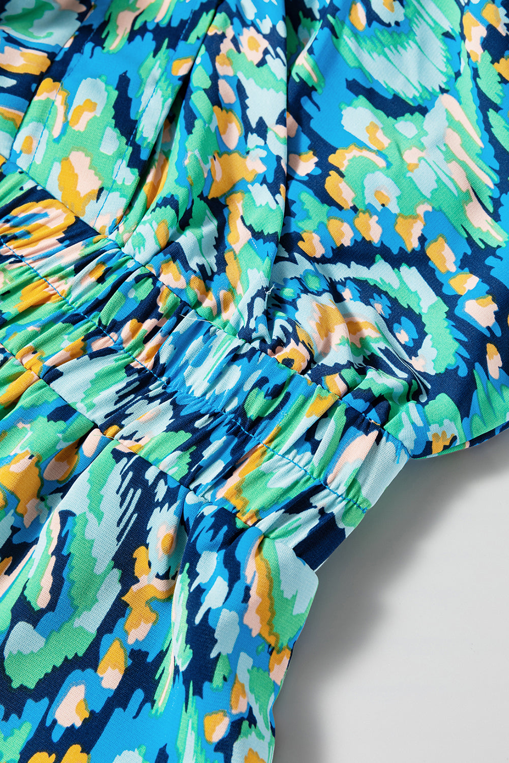 Pink Abstract Print Puff Sleeve V Neck High Waist Romper