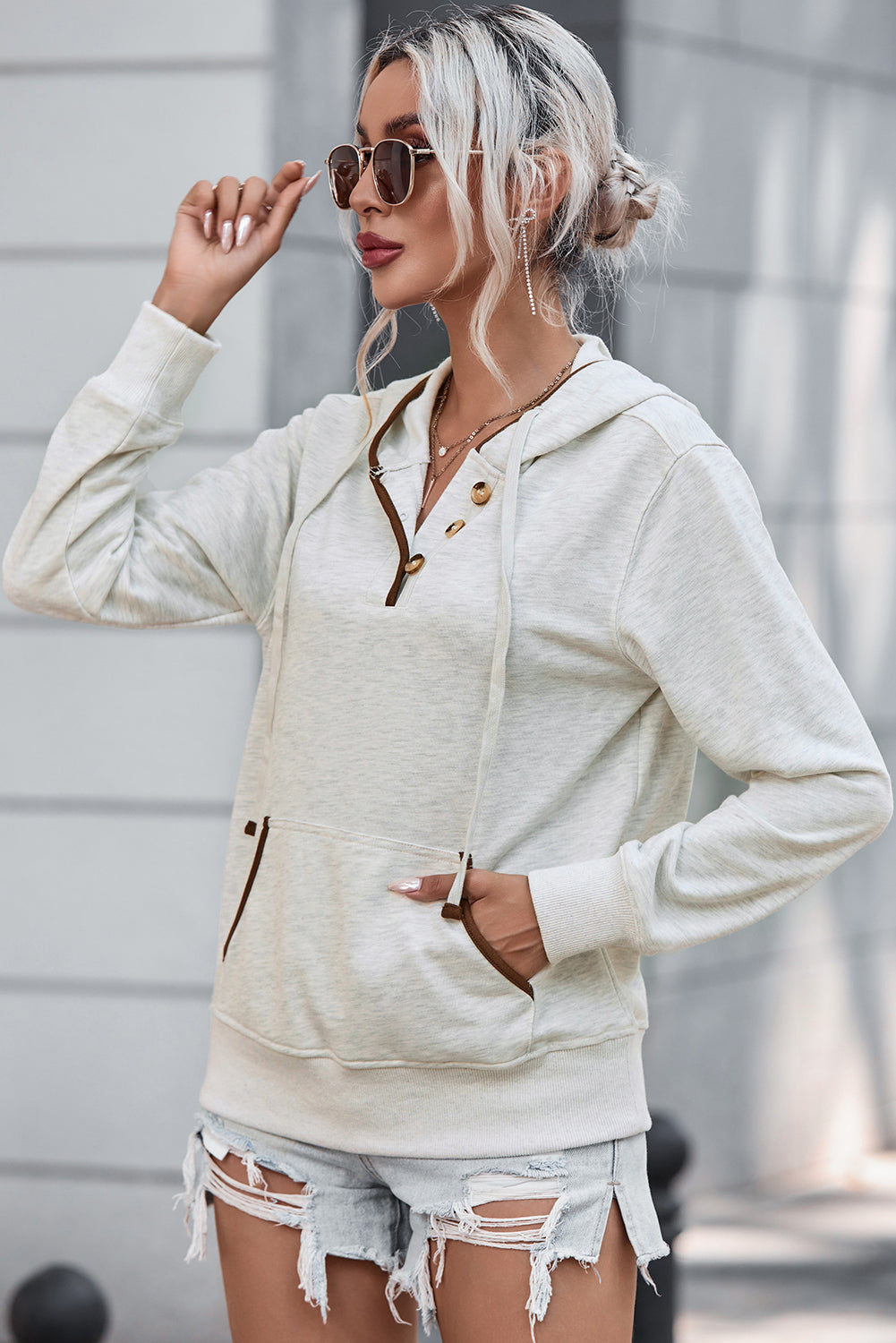 Half Button Drawstring Hoodie