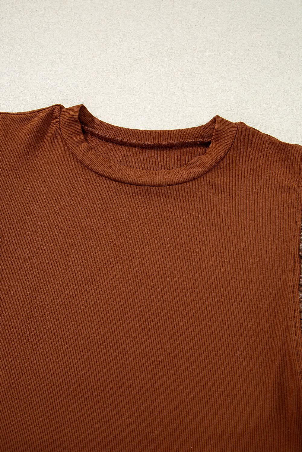 Leather Ruffle Sleeve Patchwork Round Neck Blouse