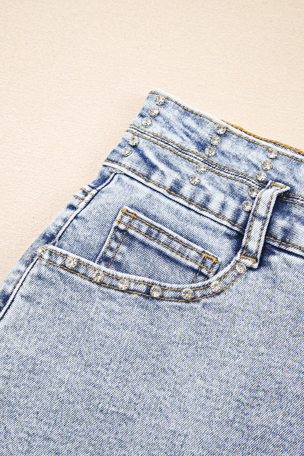 Beau Blue Rhinestone Light Wash Raw Hem High Waist Denim Shorts