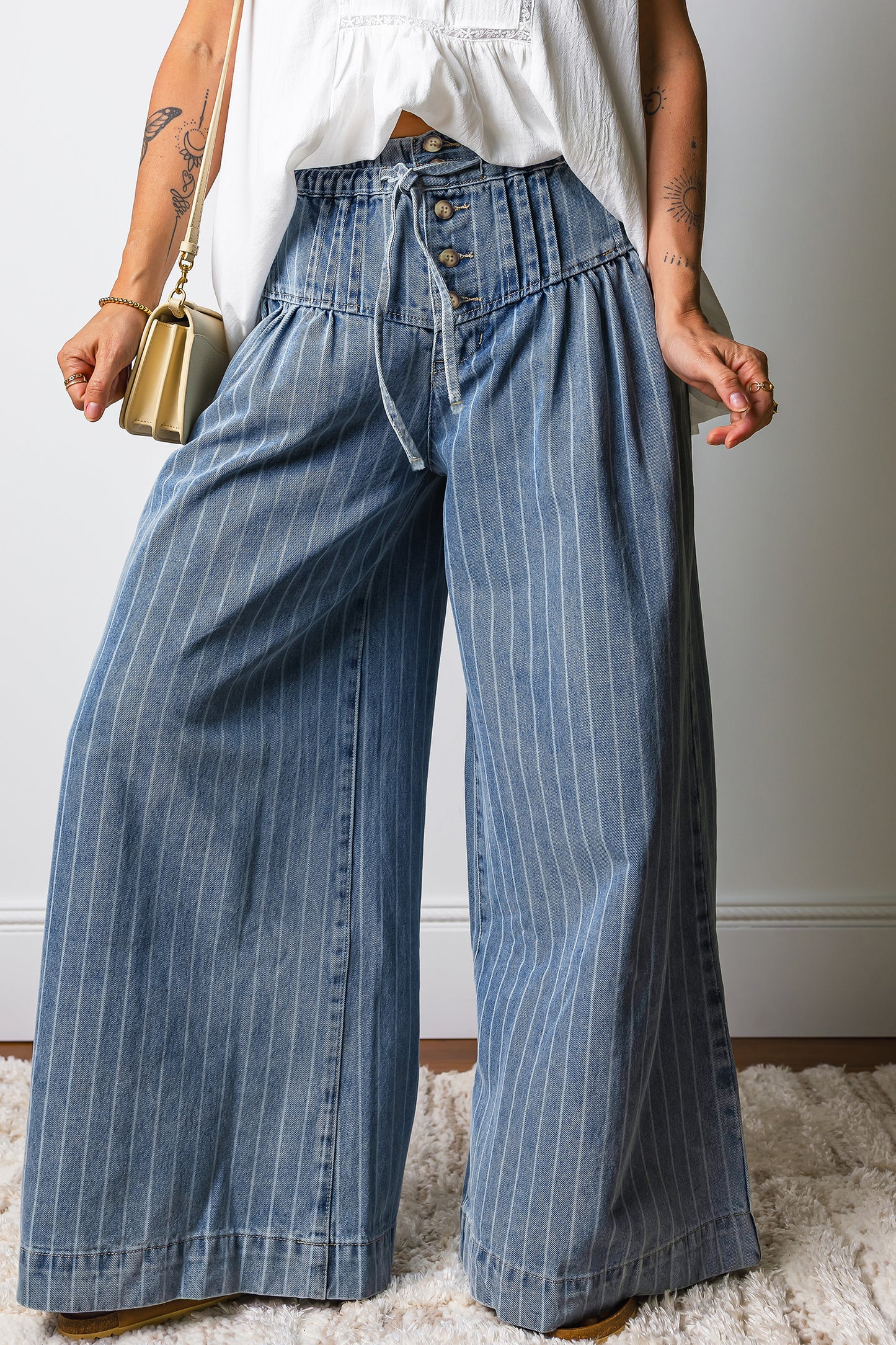 Stripe Button Pleated Drawstring Waist Casual Wide Leg Jeans