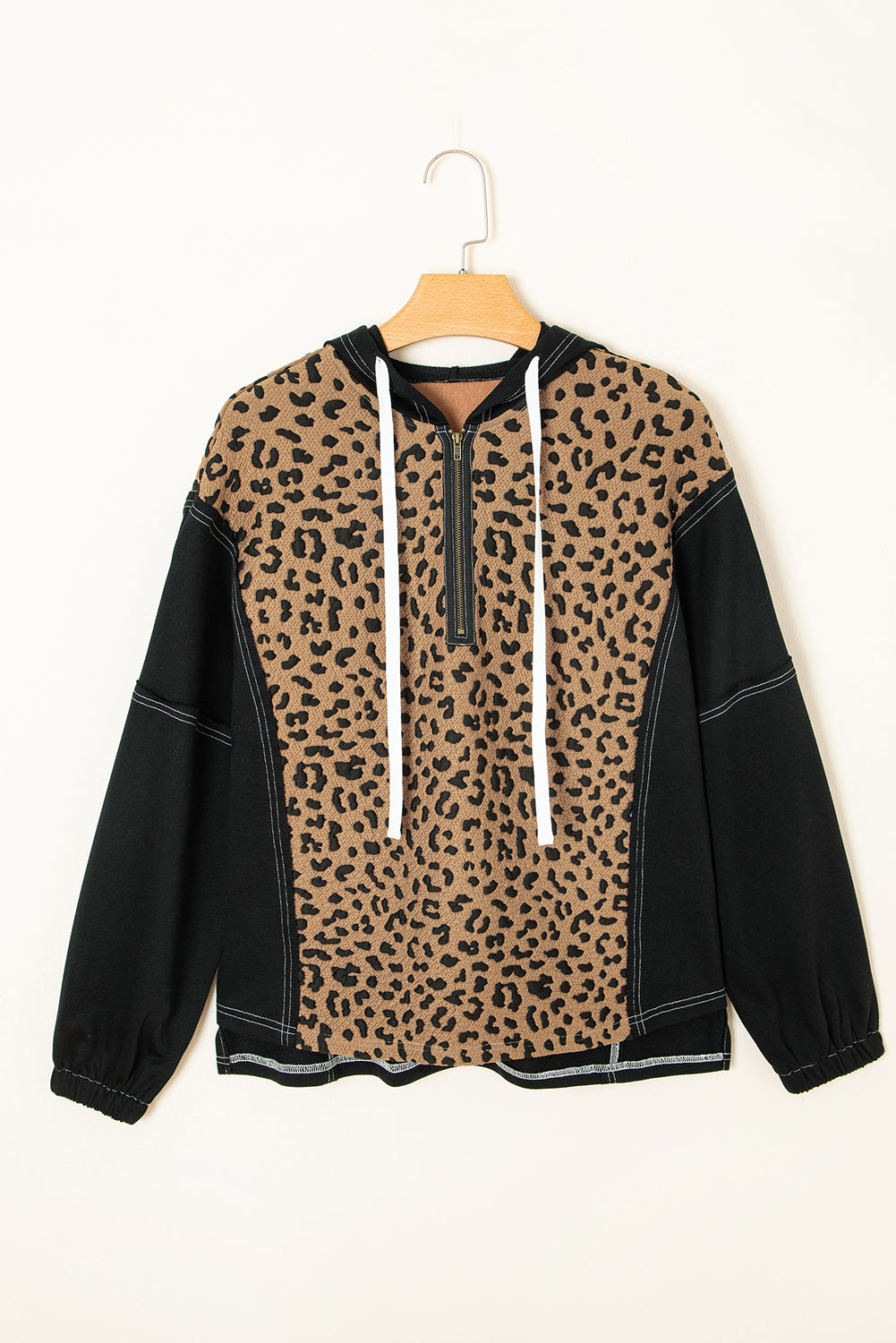Brown Leopard Knotted Cuff Quarter Zip Hoodie