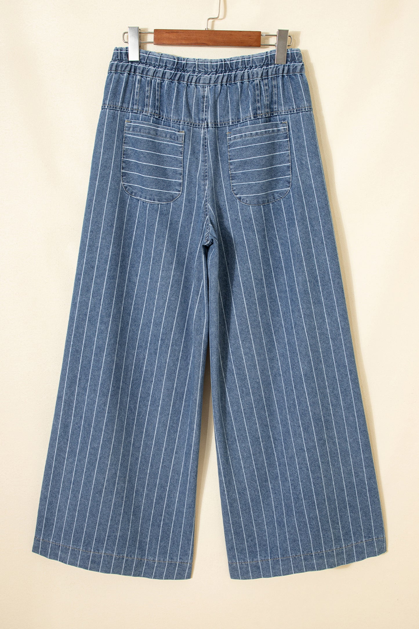 Stripe Button Pleated Drawstring Waist Casual Wide Leg Jeans