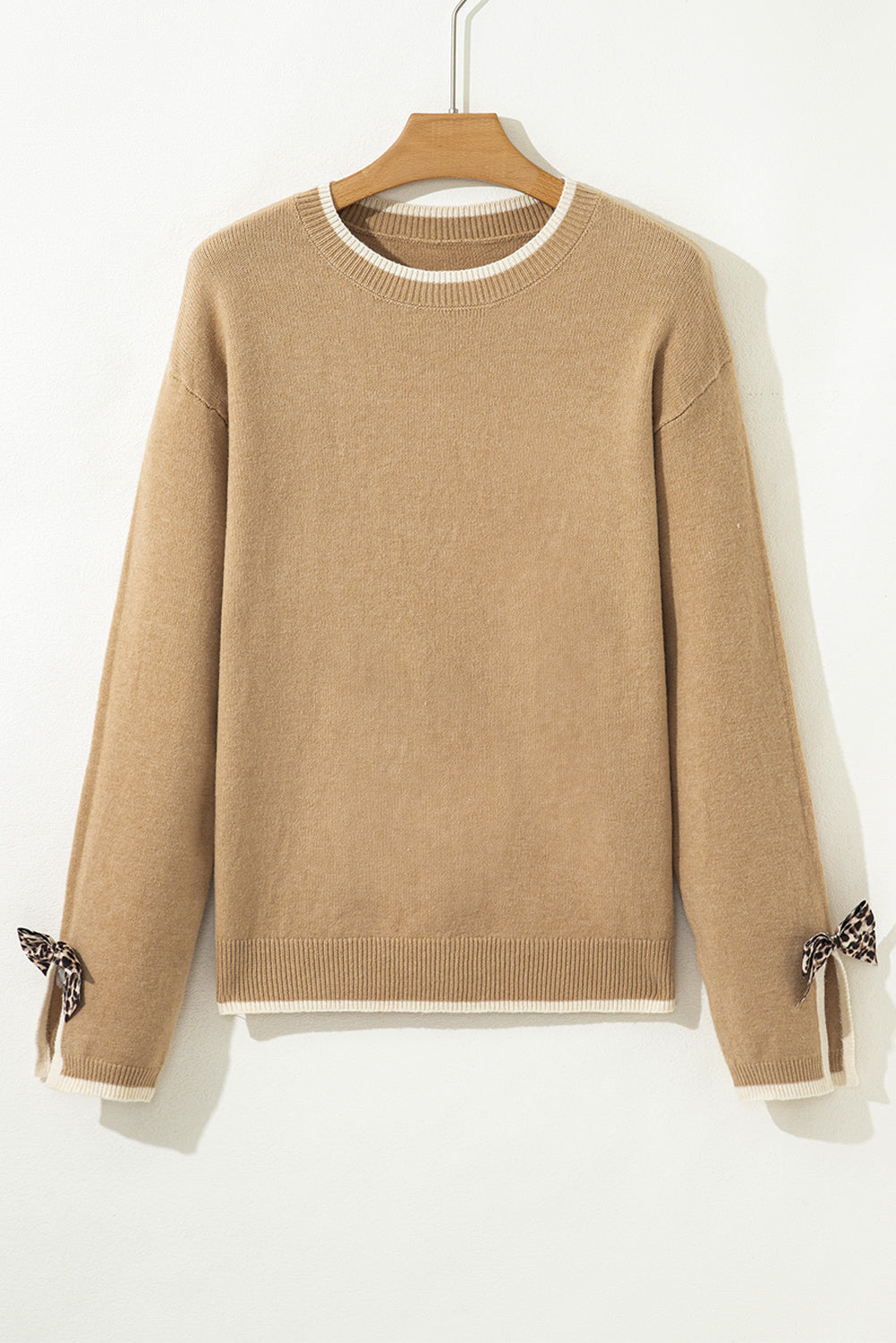 Leopard Bow Decor Split Cuff Contrast Trim Sweater