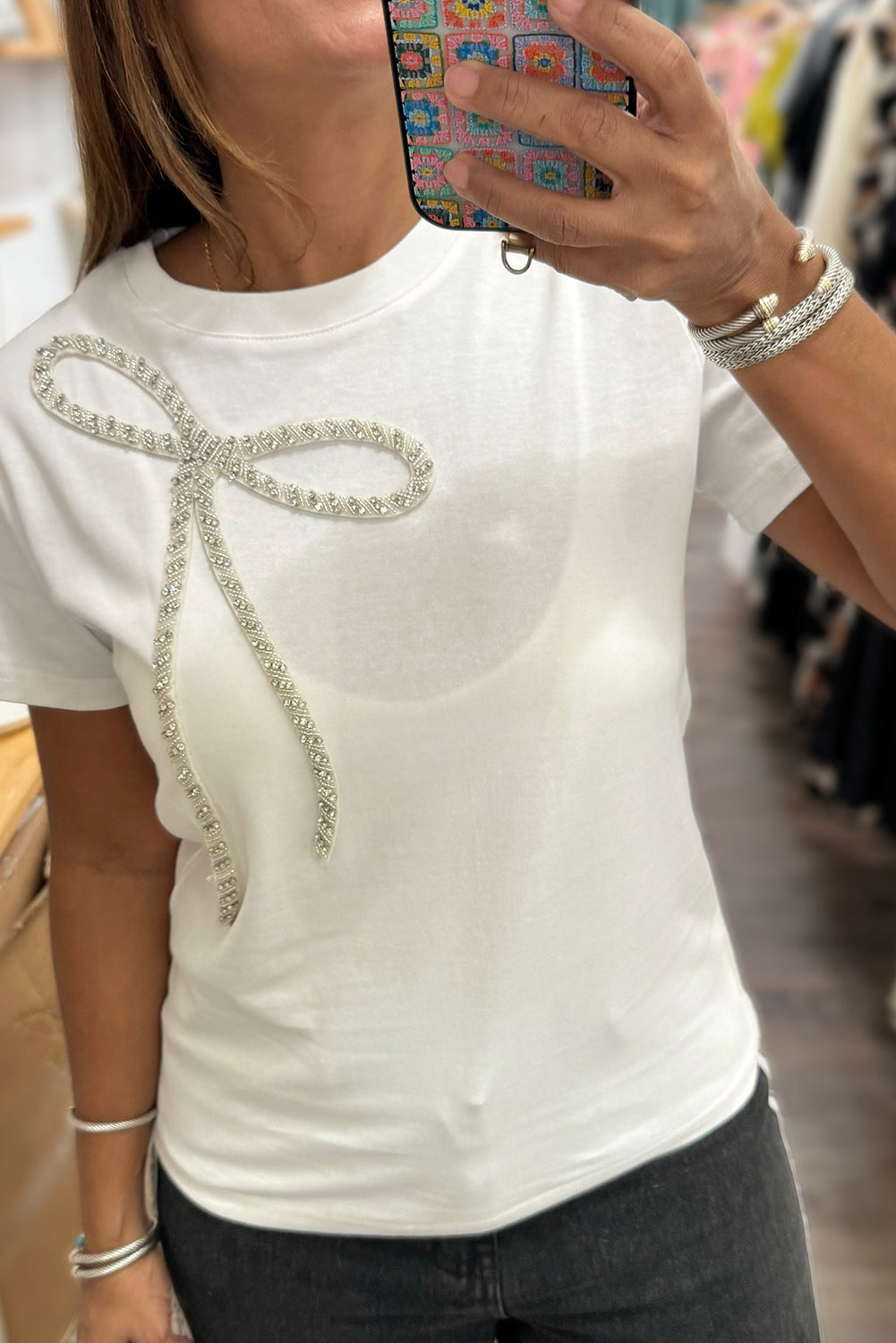White Rhinestone Bow Embellished Round Neck Tee