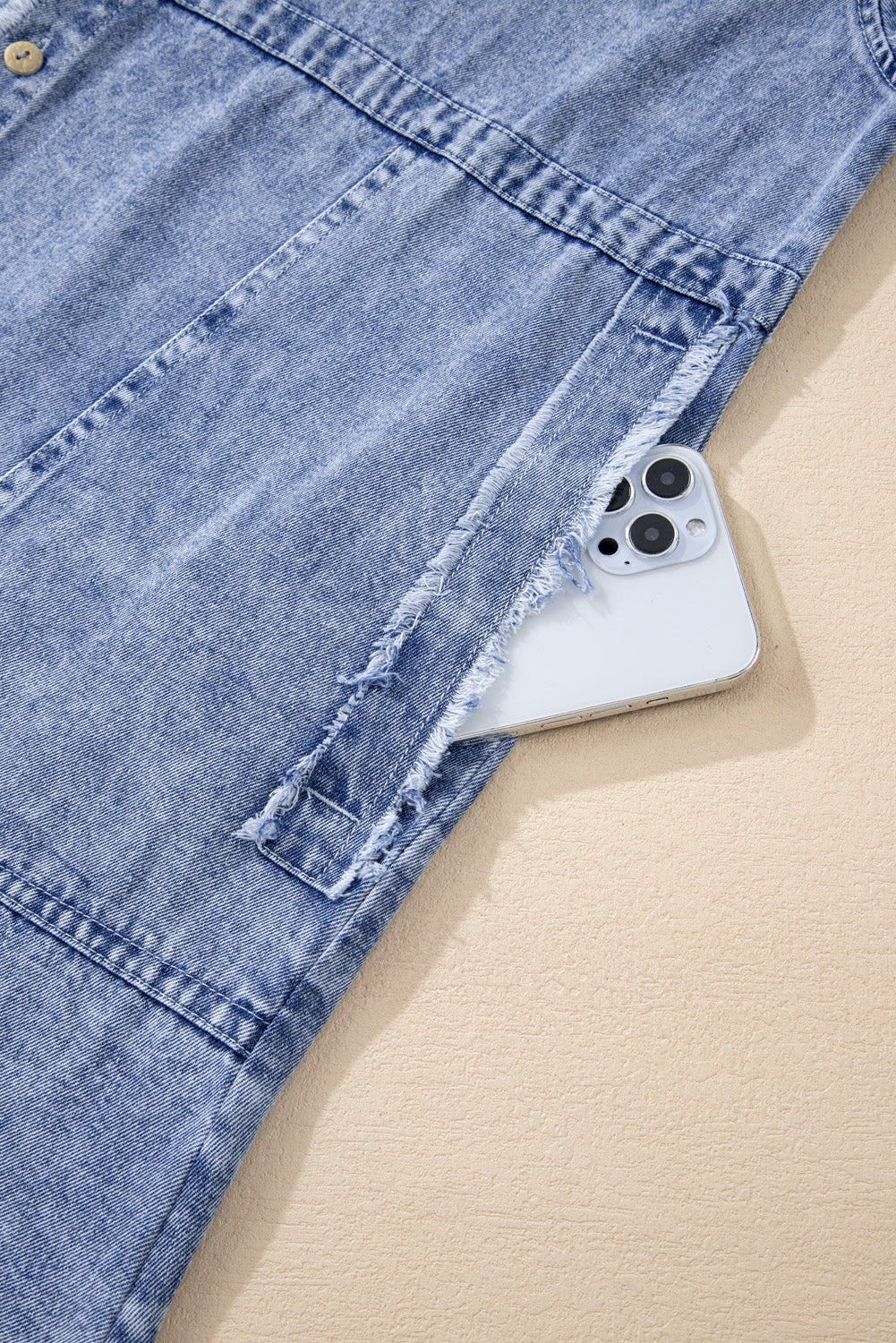 Beau Blue Wash Long Sleeve Button Up Raw Hem Pocketed Denim Dress