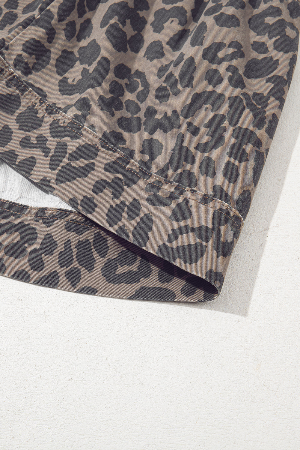 Brown Denim Leopard Printed Short Puff Sleeve Mini Dress