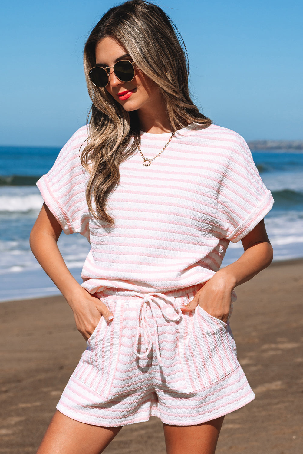 Stripe Knitted Short Sleeve Top and Drawstring Shorts Set