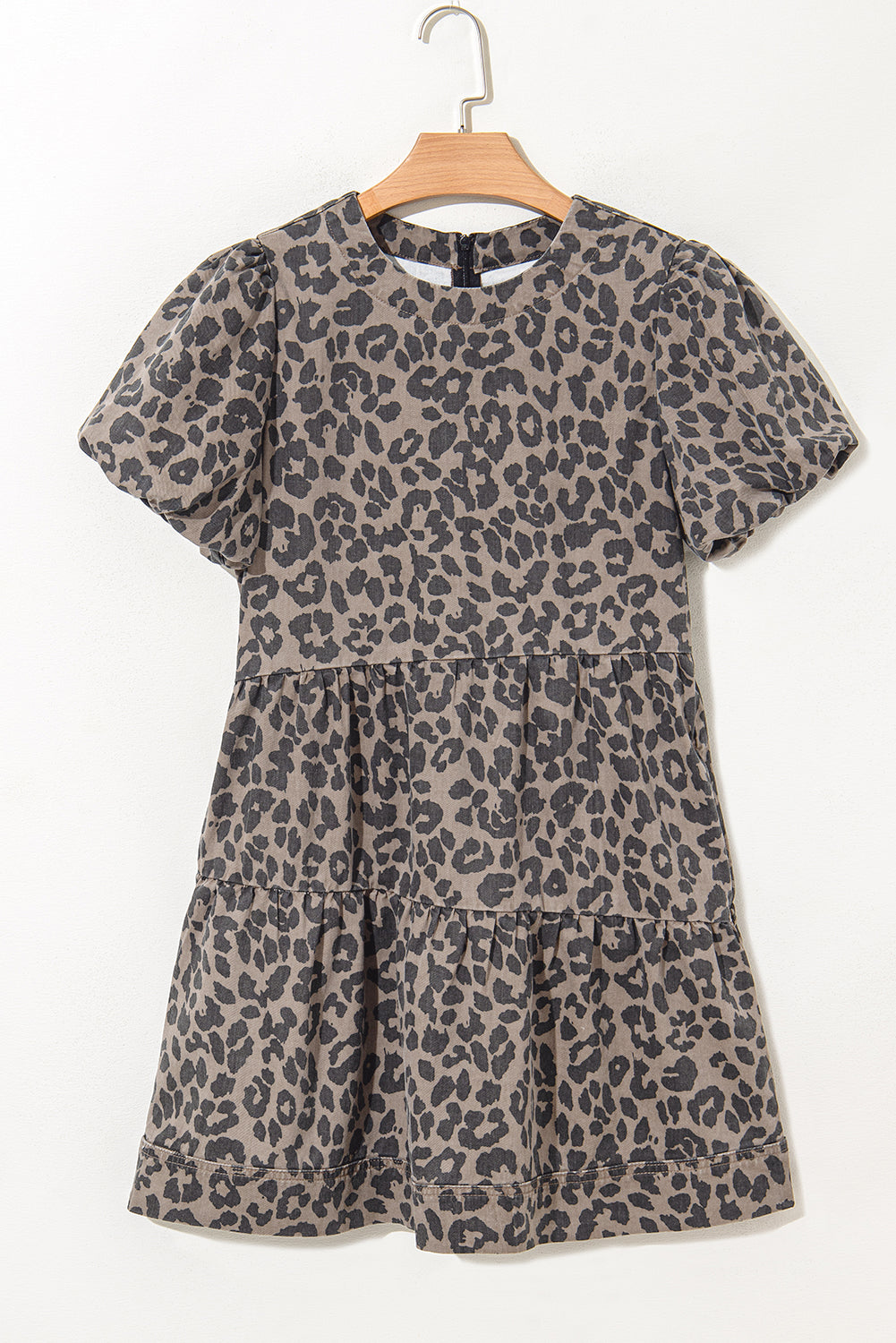 Brown Denim Leopard Printed Short Puff Sleeve Mini Dress