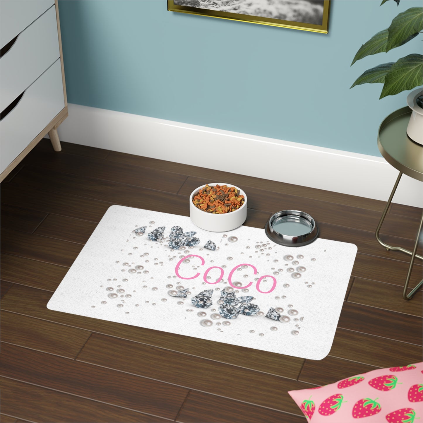 Pet Food Mat | Diamonds & Pearls Custom Pet Name