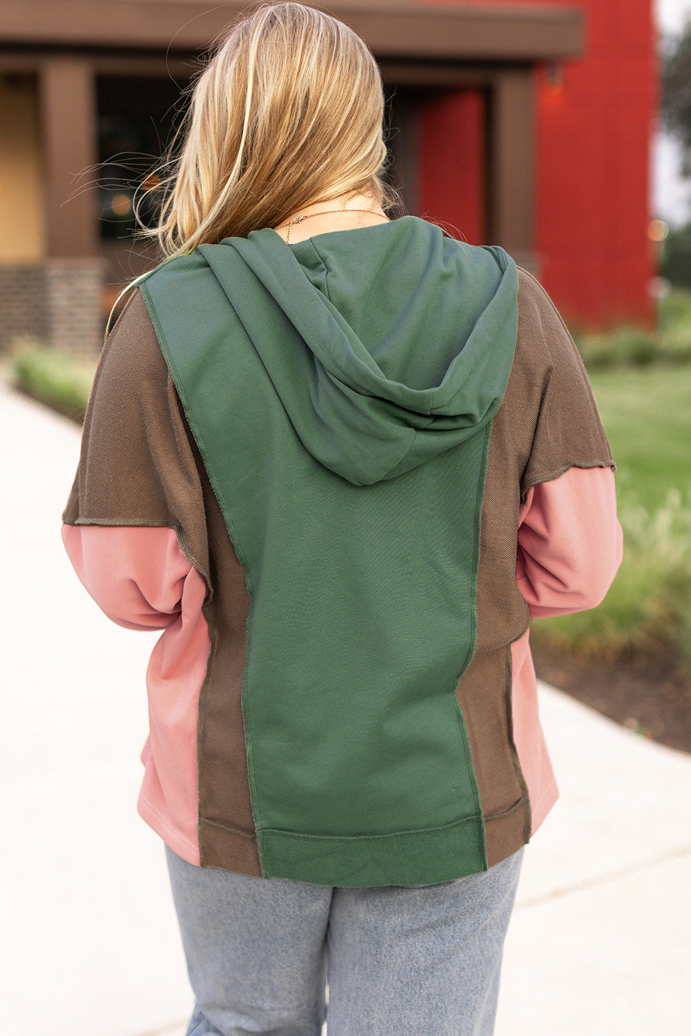 Green Plus Size Color Block Patchwork V Neck Hoodie