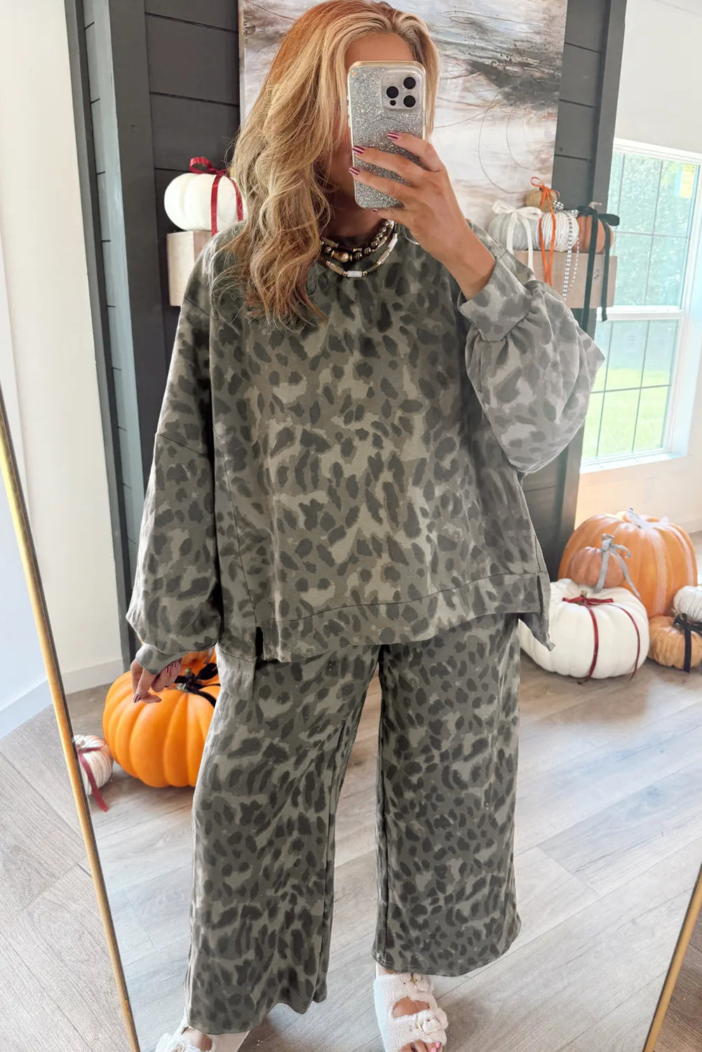 Leopard Print Pullover Drawstring Loose Pant Set