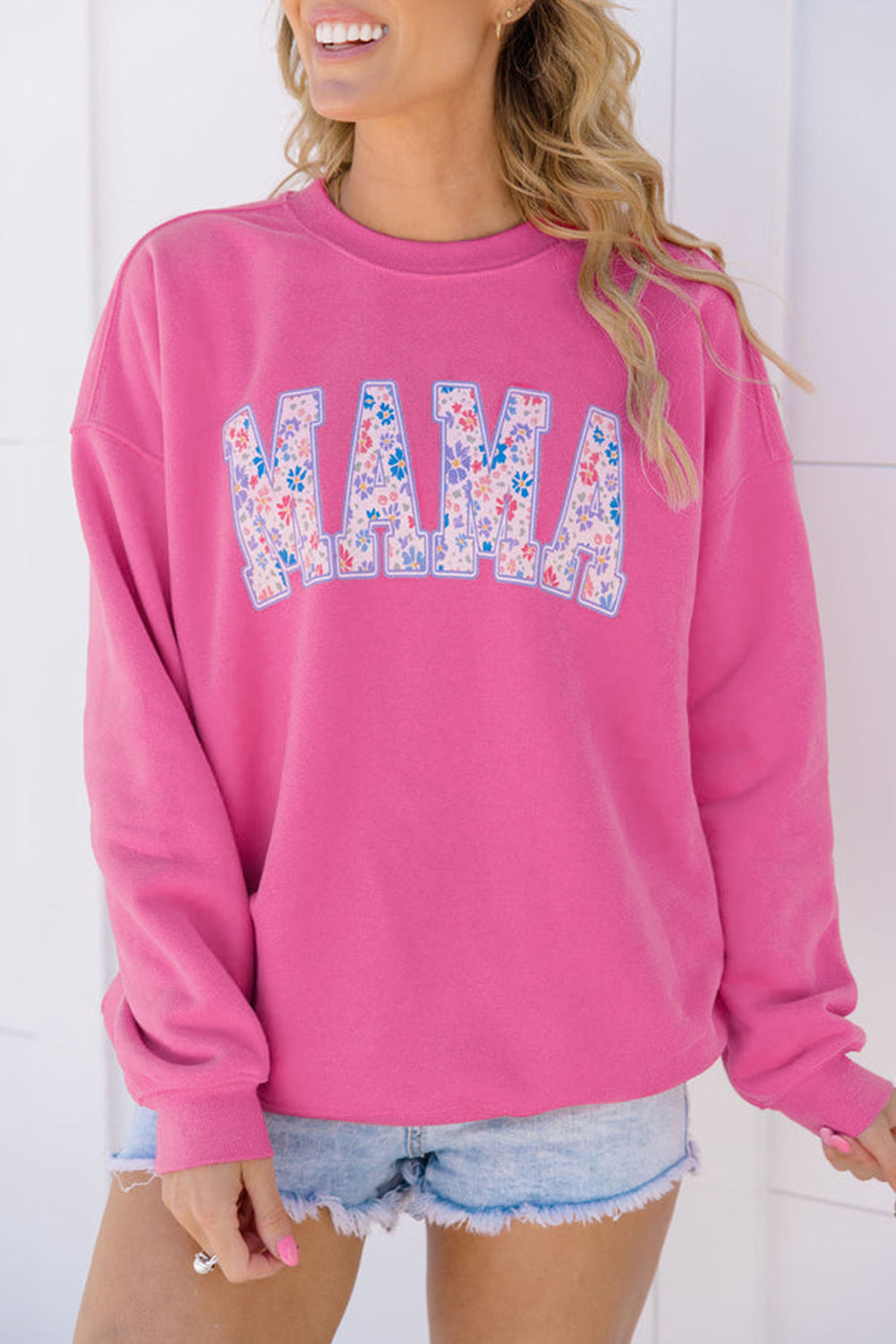 Rose Pink Floral MAMA Embroidered Graphic Pullover Sweatshirt