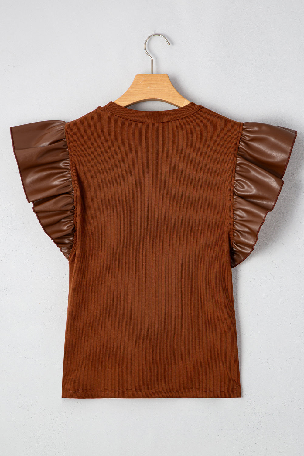 Leather Ruffle Sleeve Patchwork Round Neck Blouse