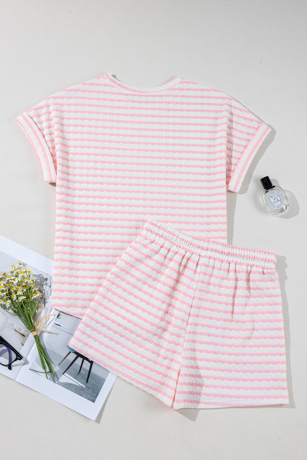 Stripe Knitted Short Sleeve Top and Drawstring Shorts Set