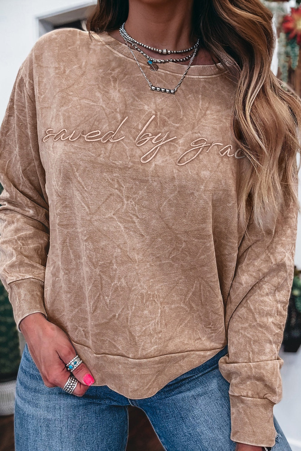 Saved By Grace Letter Embroidery Mineral Wash Loose Sweatshirt