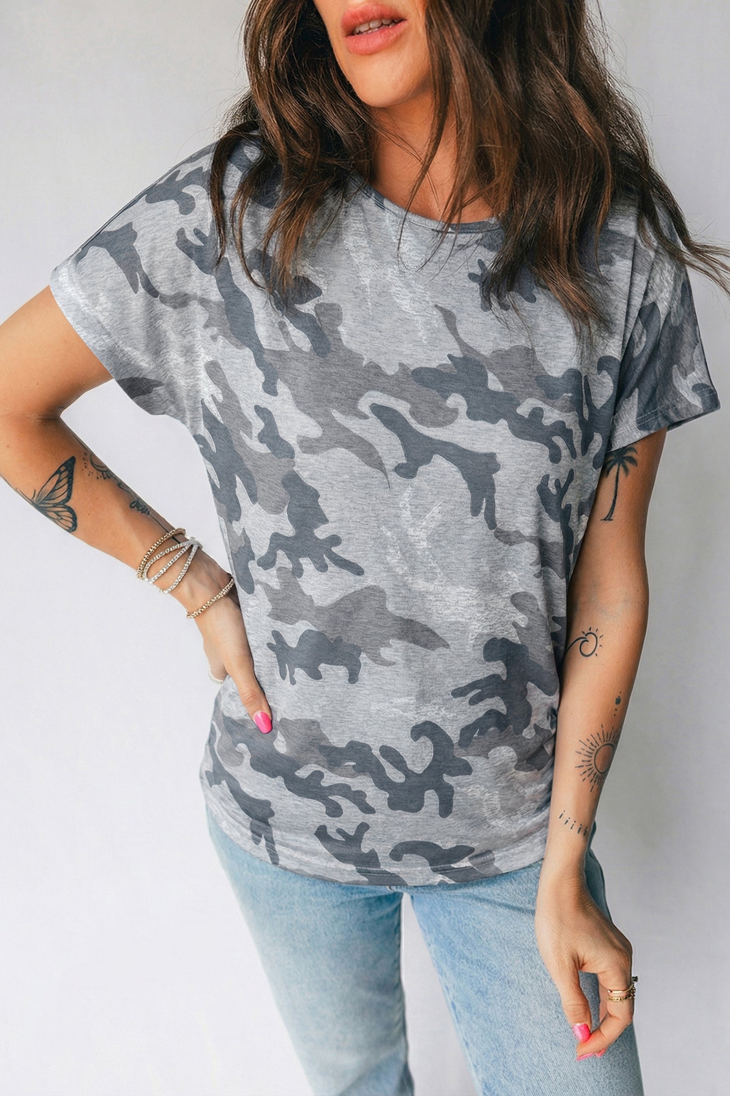 Camouflage Print Round Neck T Shirt