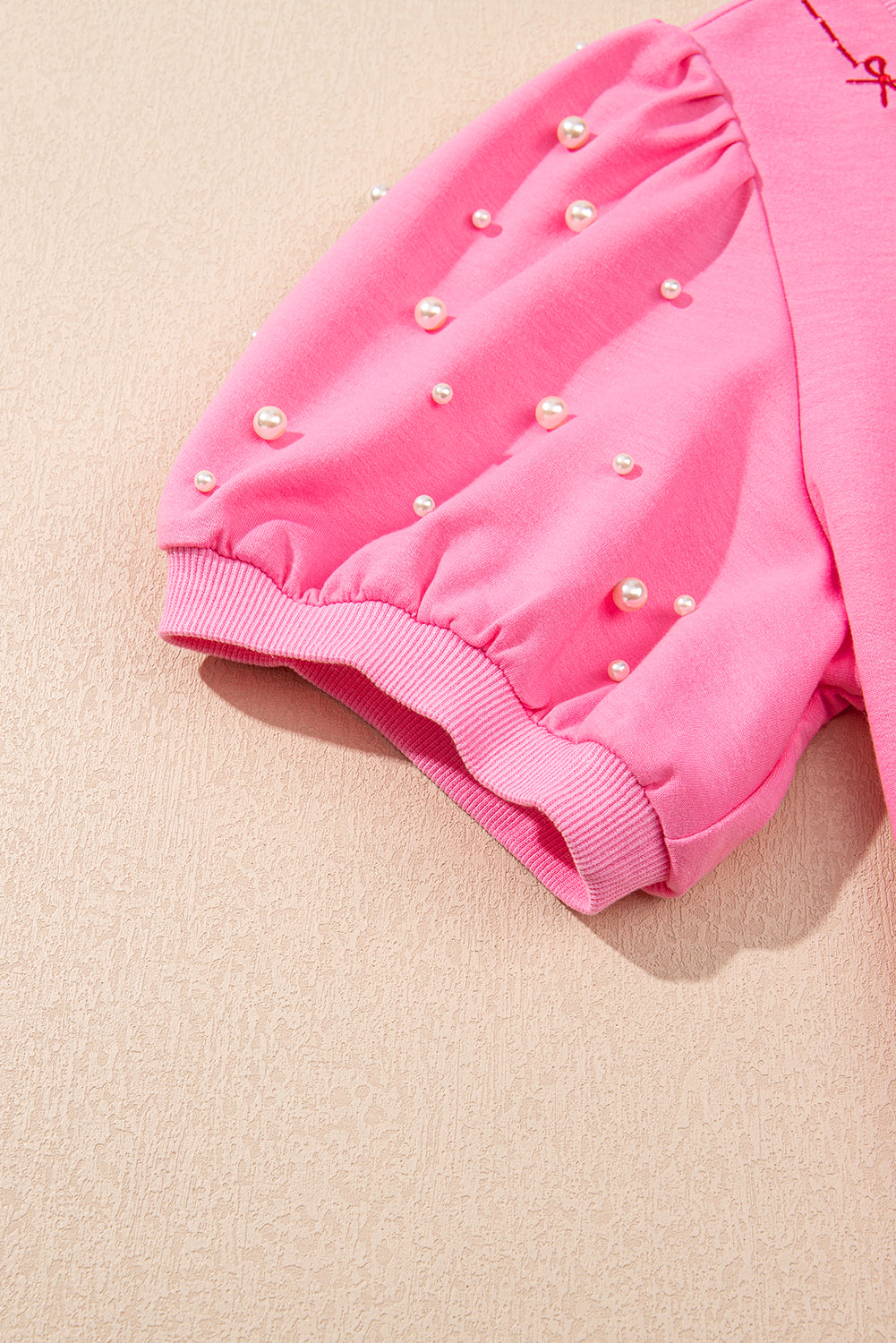 Pink Contrast Bow Trim Pearl Puff Sleeve Blouse and Skort 2pcs Set