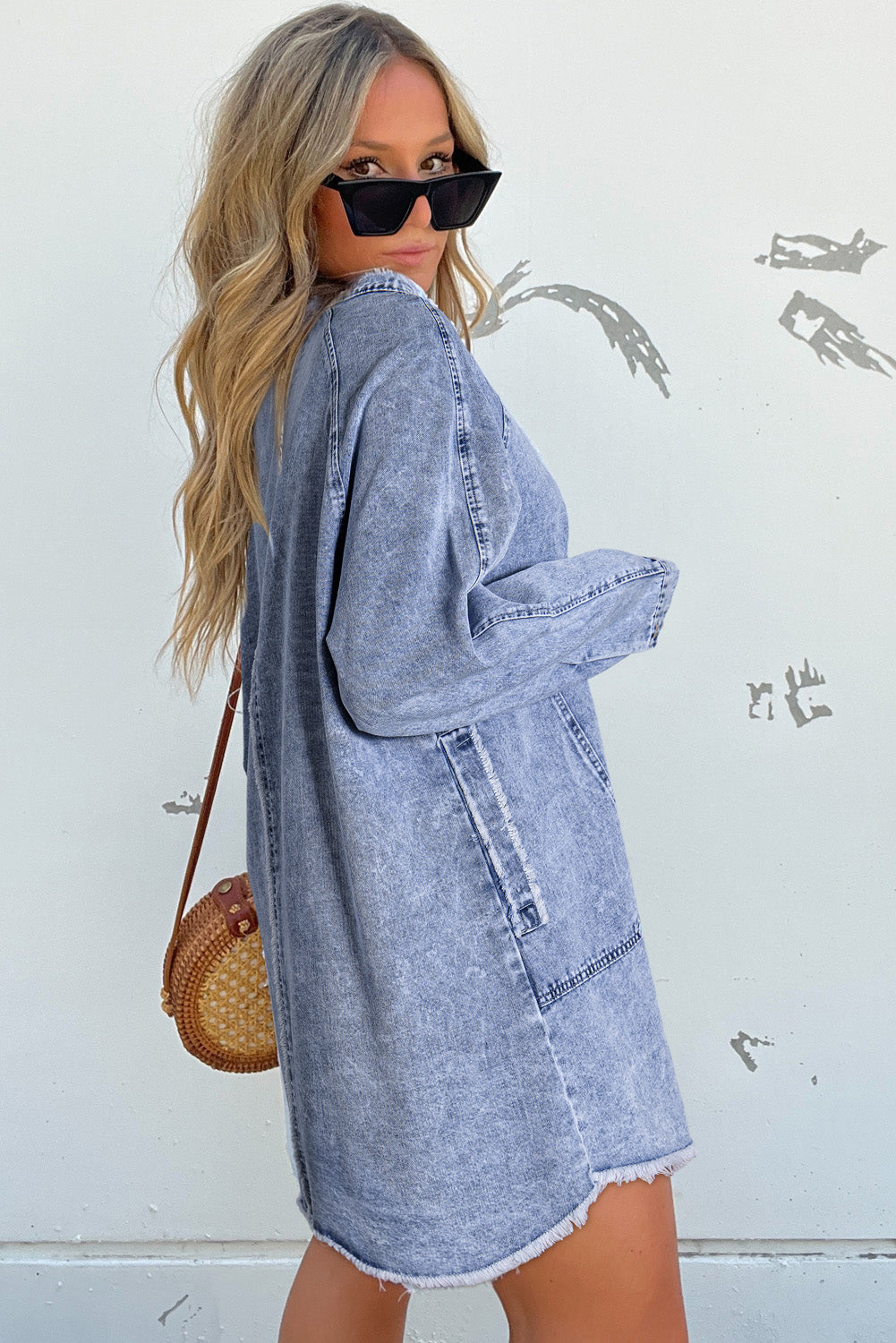 Beau Blue Wash Long Sleeve Button Up Raw Hem Pocketed Denim Dress