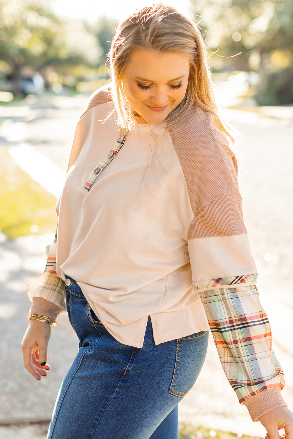 Plaid Patchwork Layered Henley Top