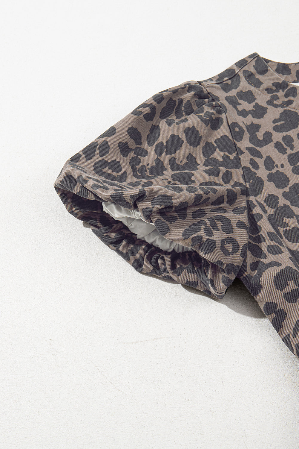 Brown Denim Leopard Printed Short Puff Sleeve Mini Dress