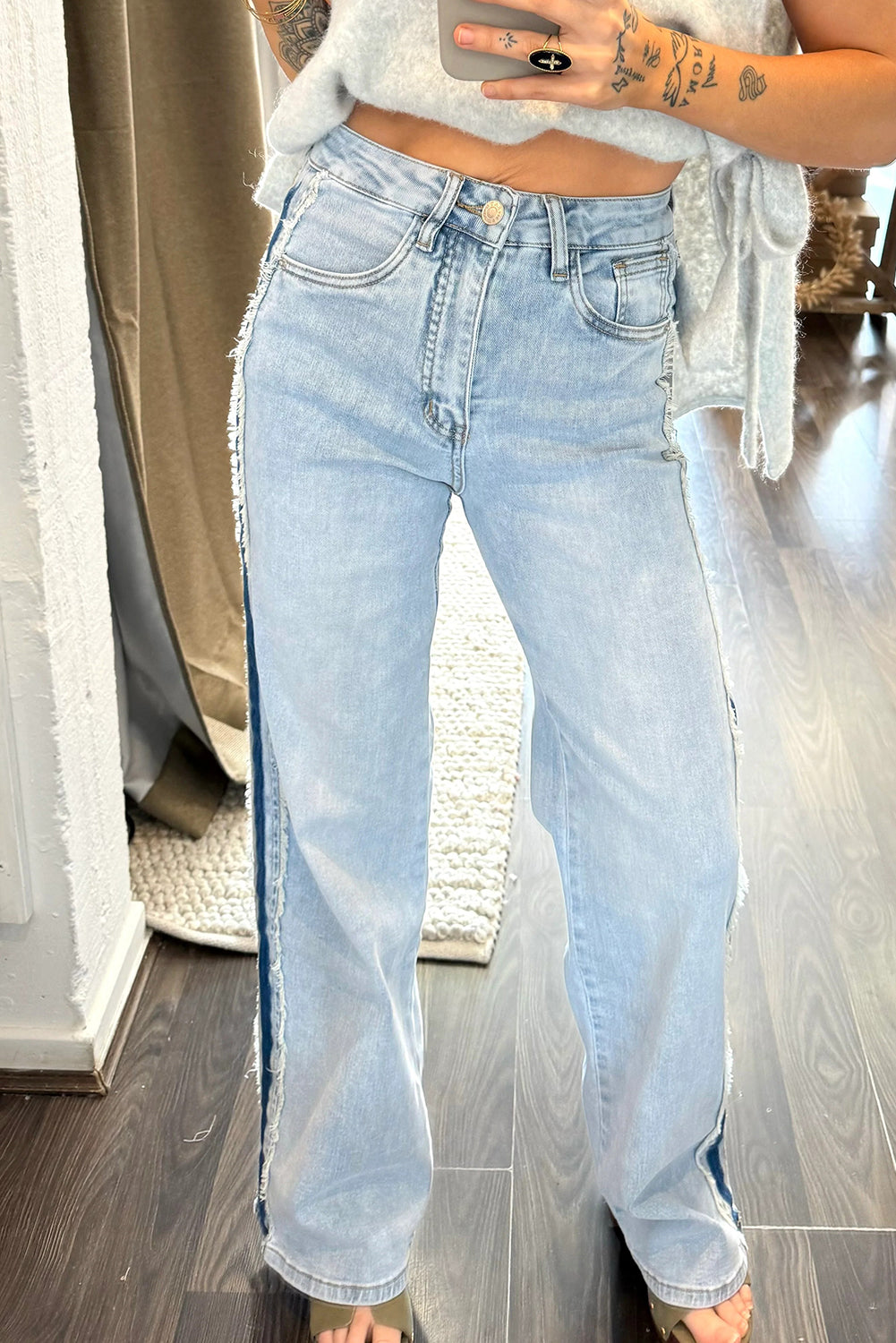 Stripe Frayed Side Panel Jeans