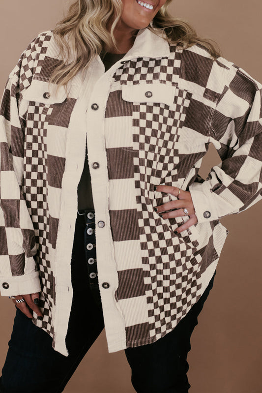 Brown Color Block Checkered Print Corduroy Plus Size Jacket