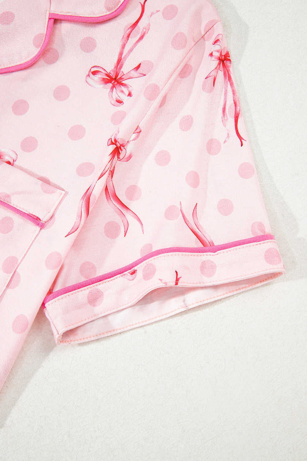 Pink Bow Print Contrast Pipping Short Pajamas Set