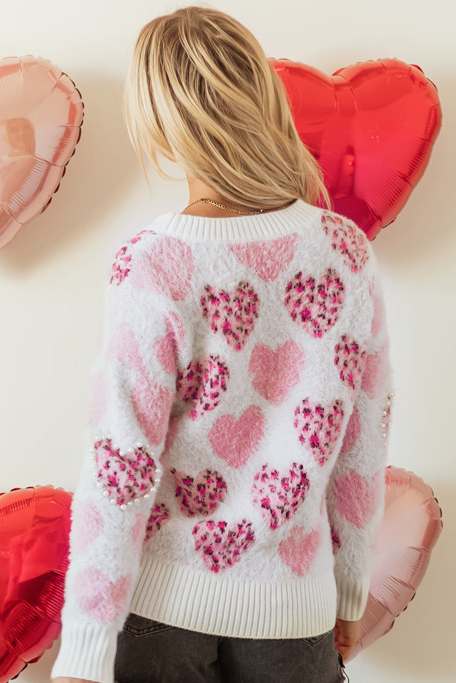 Pink Heart Leopard Print Pearled Ribbed Trim Fuzzy Sweater