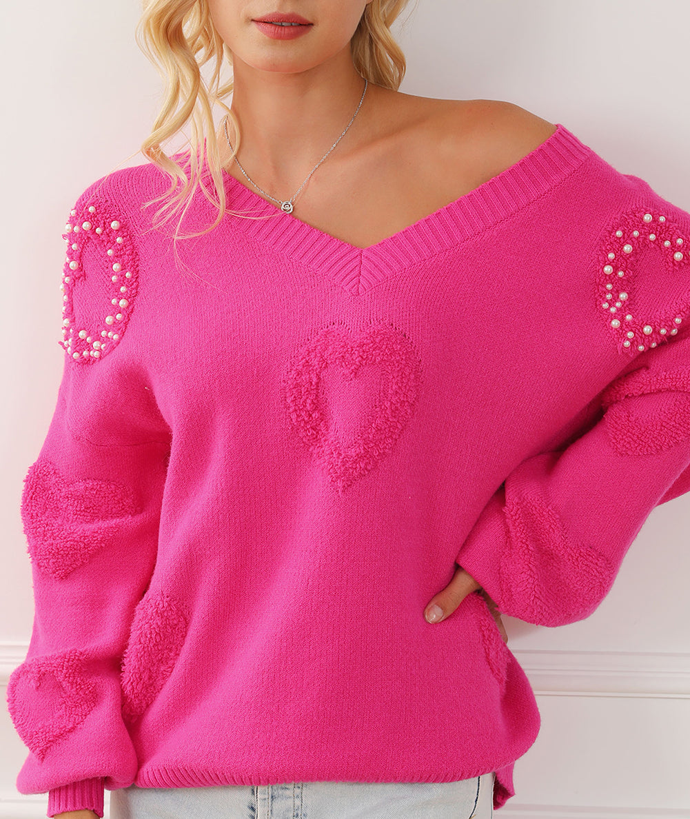 Rose Red Pearl Embellished Fuzzy Hearts V Neck Sweater