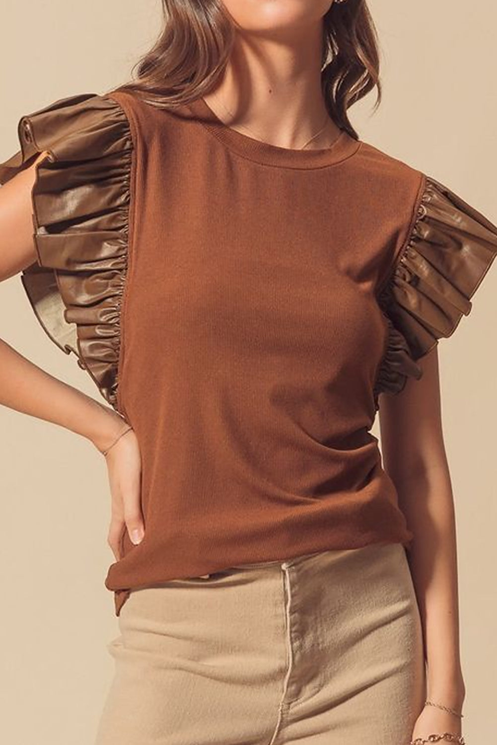 Leather Ruffle Sleeve Patchwork Round Neck Blouse