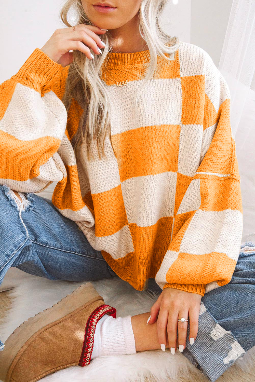 Khaki Checkered Bishop Sleeve Sweater