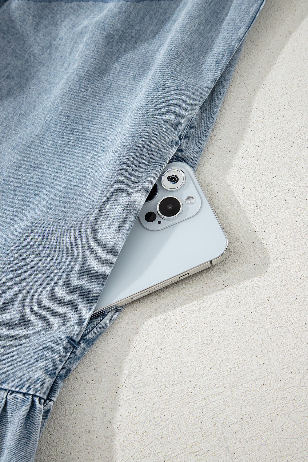 Blue Bowknot Neck Sleeveless Ruffled Chambray Dress