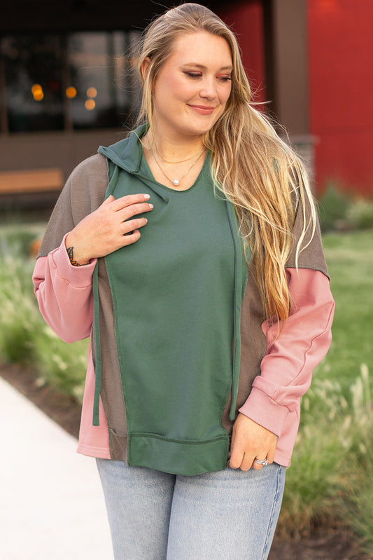 Green Plus Size Color Block Patchwork V Neck Hoodie