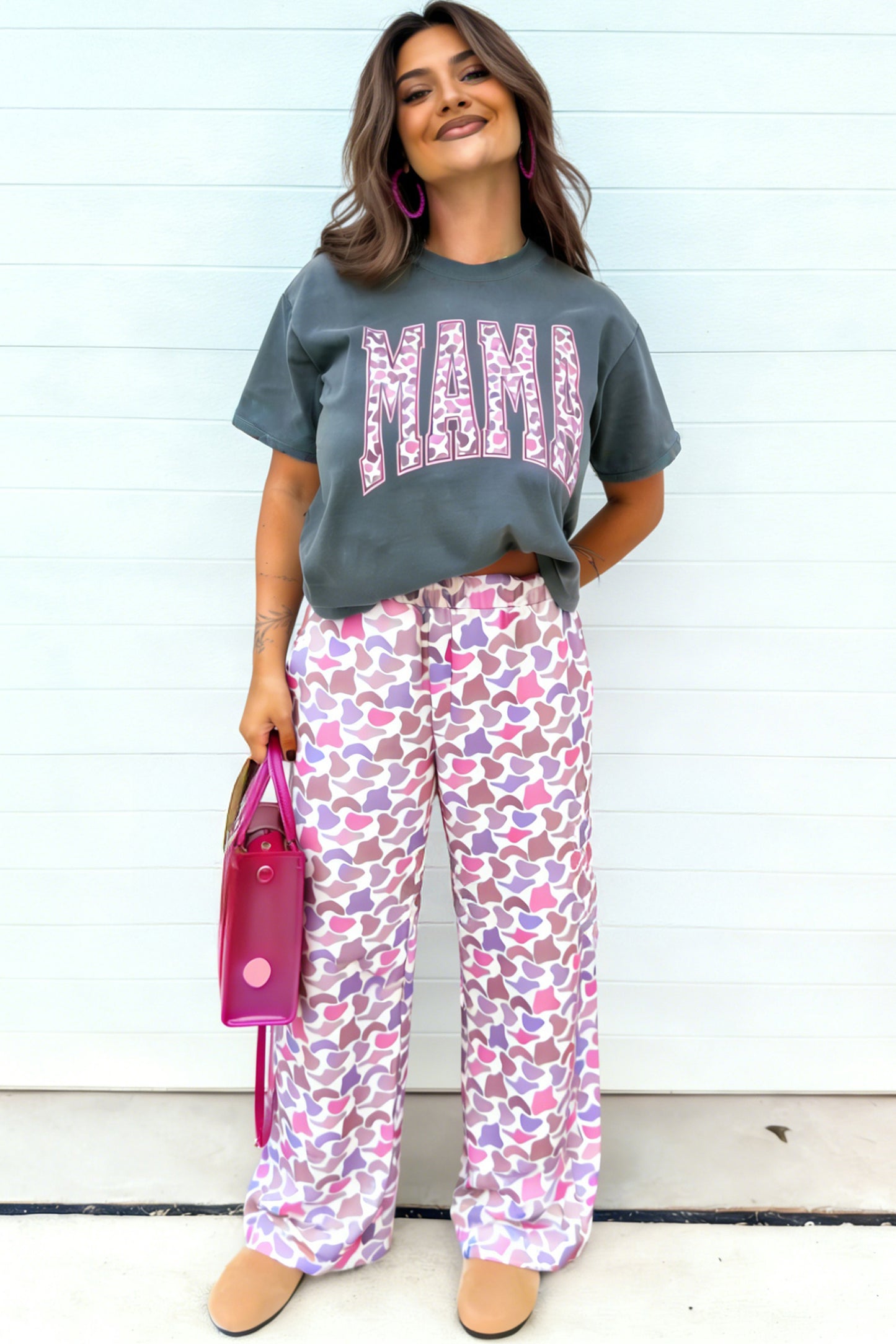 MAMA Letter Graphic Tee Camouflage Print Loose Pant Set