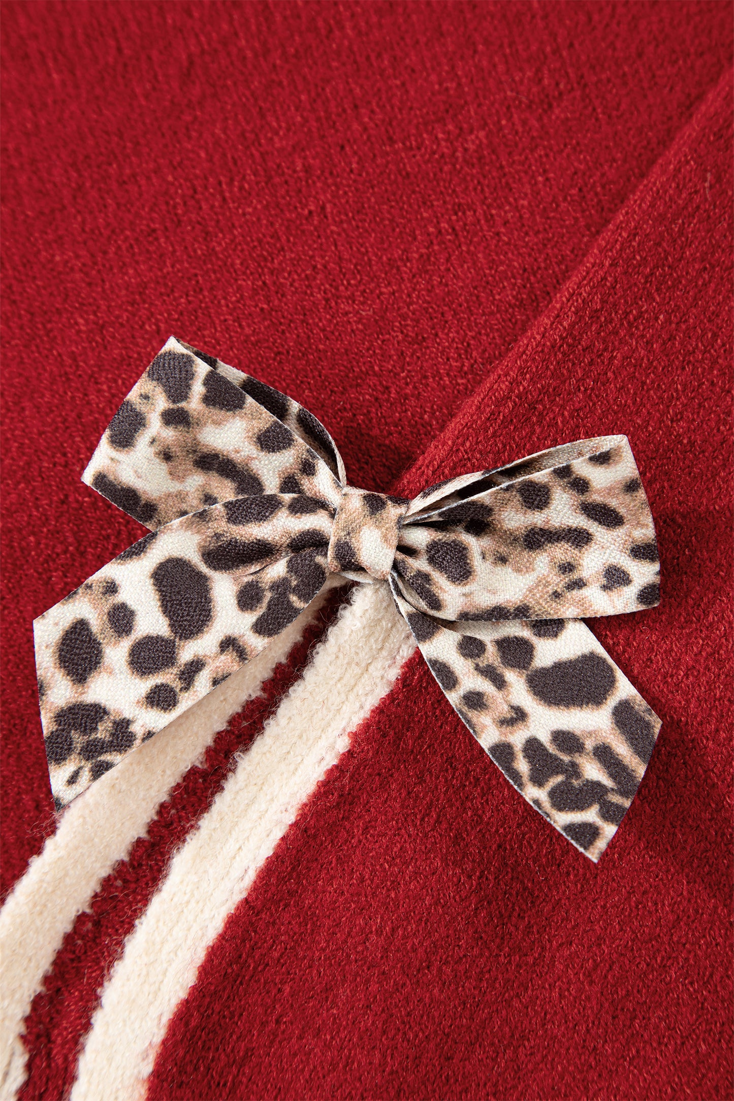 Leopard Bow Decor Split Cuff Contrast Trim Sweater