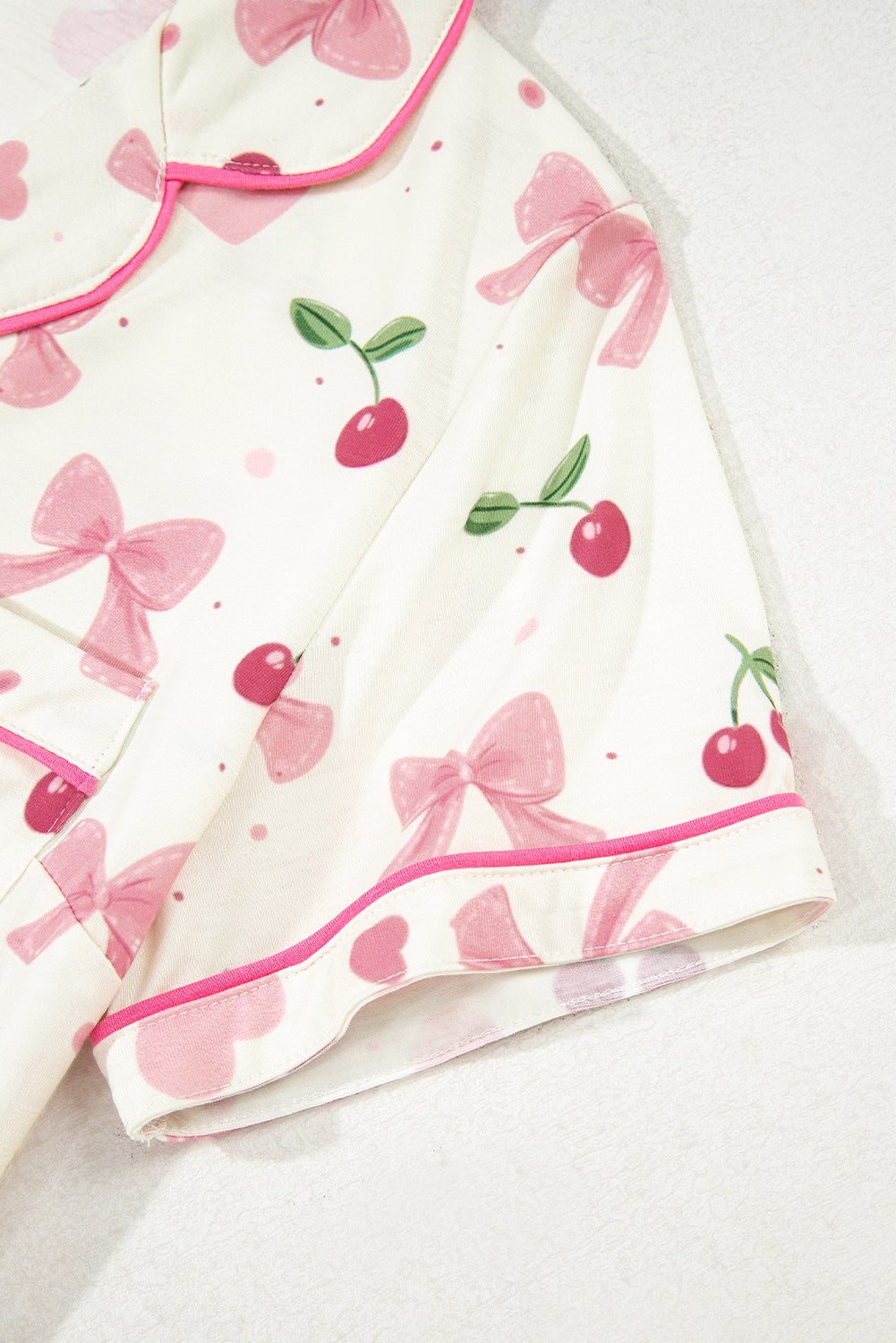 Pink Bow Print Contrast Pipping Short Pajamas Set