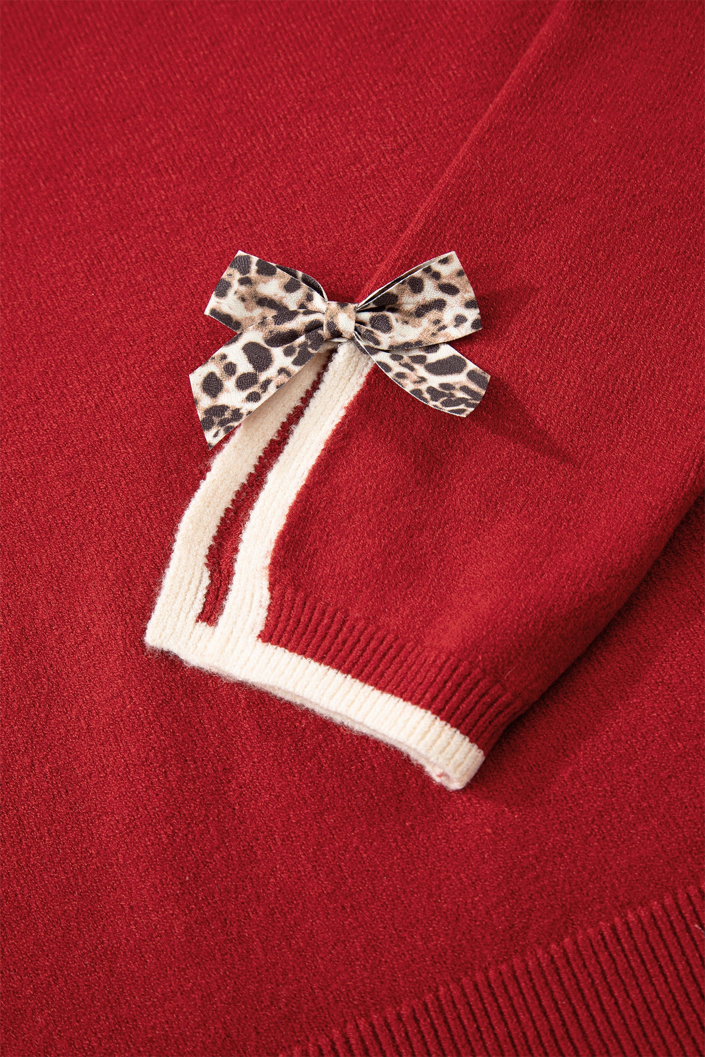 Leopard Bow Decor Split Cuff Contrast Trim Sweater