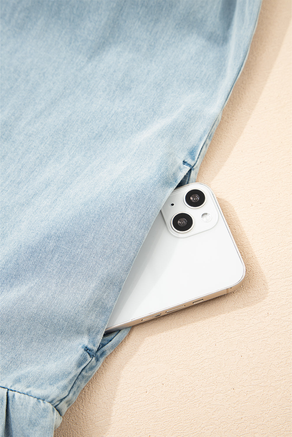 Blue Bowknot Neck Sleeveless Ruffled Chambray Dress