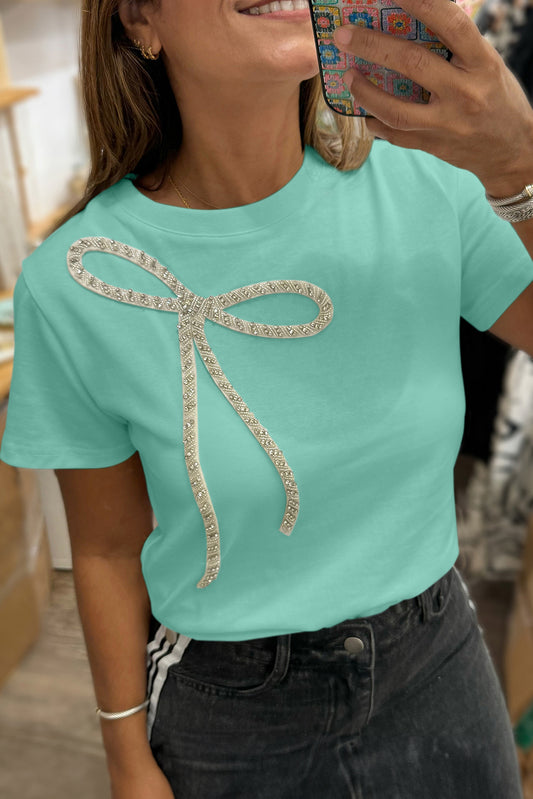 Mint Green Rhinestone Bow Embellished Round Neck Tee