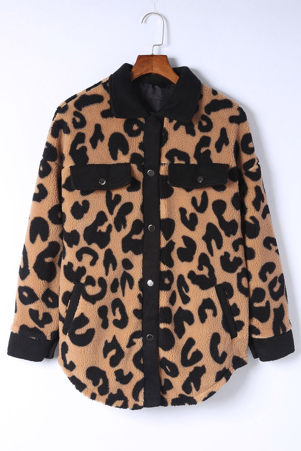 Black Contrast Trimmed Leopard Teddy Jacket