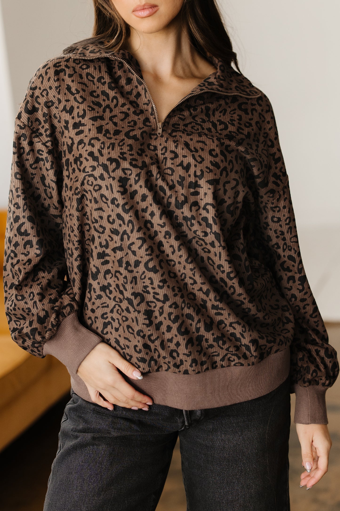 Leopard Print Quarter Zip Corduroy Sweatshirt