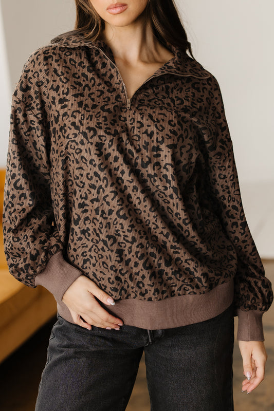 Leopard Print Quarter Zip Corduroy Sweatshirt