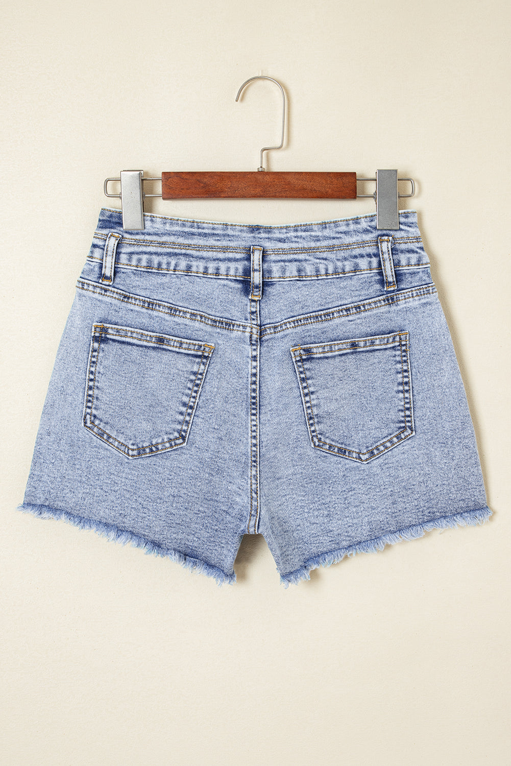 Beau Blue Rhinestone Light Wash Raw Hem High Waist Denim Shorts