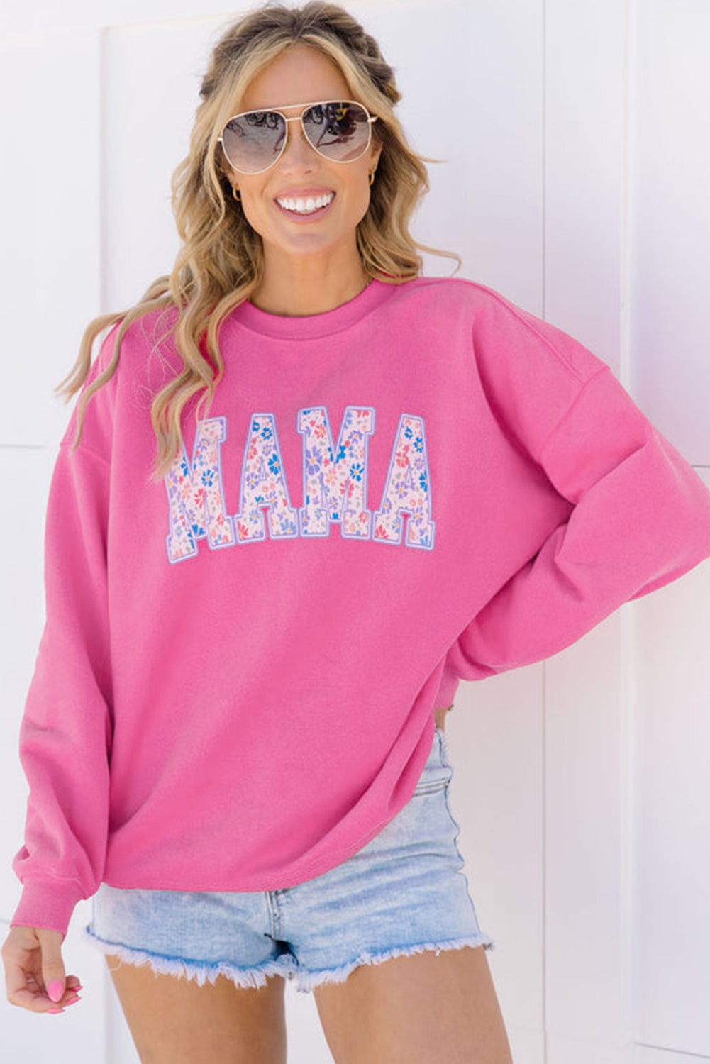 Rose Pink Floral MAMA Embroidered Graphic Pullover Sweatshirt